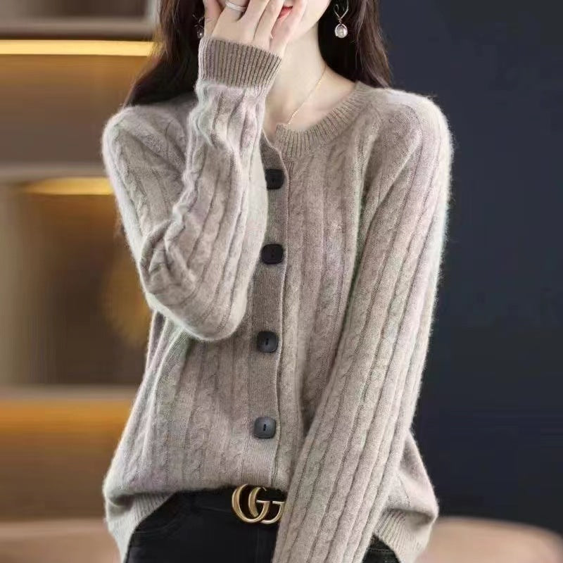 Autumn Short All-match Twist Cardigan Round Neck Loose Sweater Coat Knitted Long Sleeves Outer Match Thick