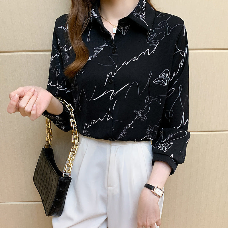 French Ink Painting Print Chiffon Shirt Women