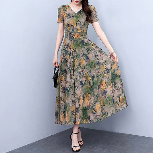 Spring And Autumn Chiffon Floral Dress Plus Size