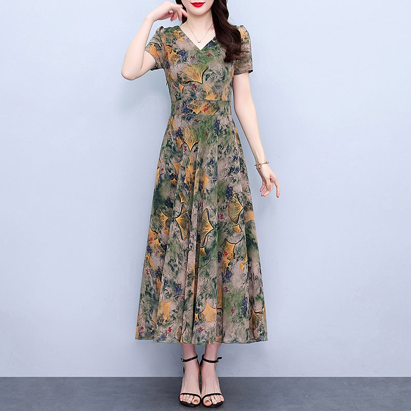 Spring And Autumn Chiffon Floral Dress Plus Size