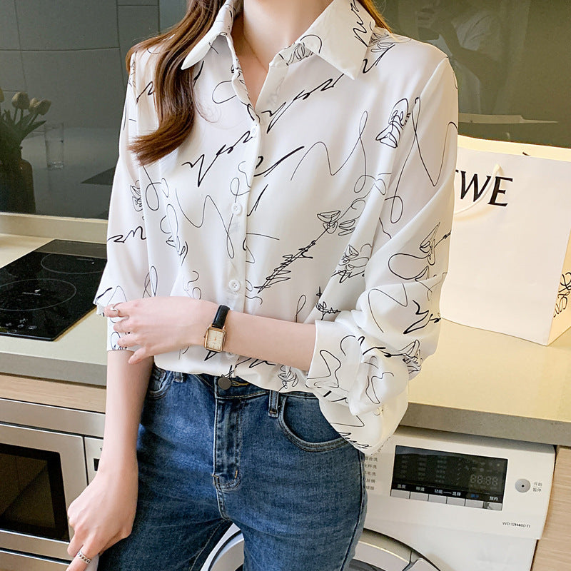 French Ink Painting Print Chiffon Shirt Women