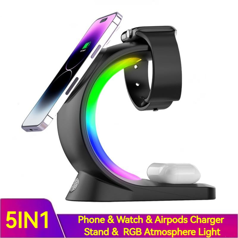 4 In 1 Magnetic Wireless Charger Fast Charging For Smart Phone Atmosphere Light Charging Station For Airpods Pro I-phone Watch