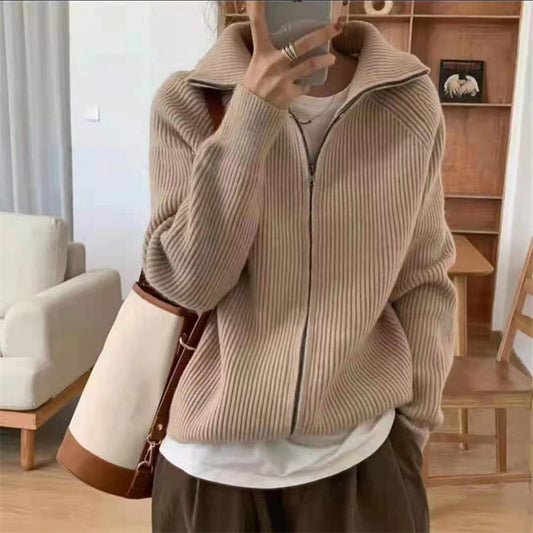 Loose Casual Laid-back Style Lapel Sweater Coat